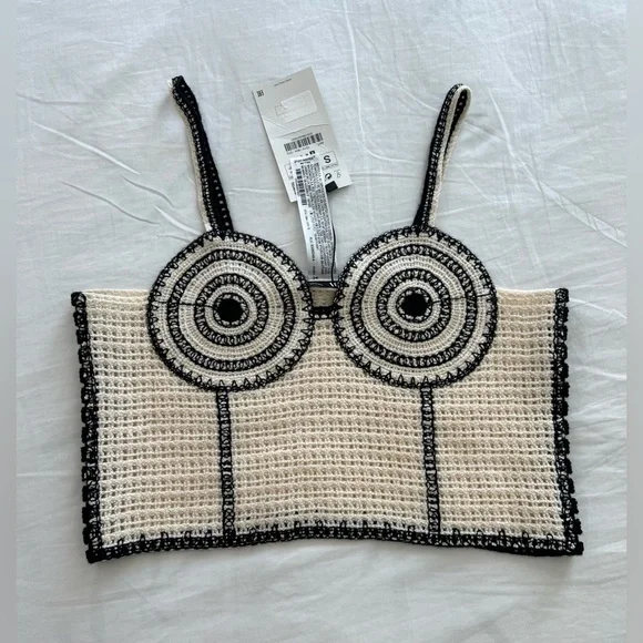 NWT BLOG FAVE Zara Crochet Cream Black Corset Crop Top Festival Coachella size S - Picture 12 of 16
